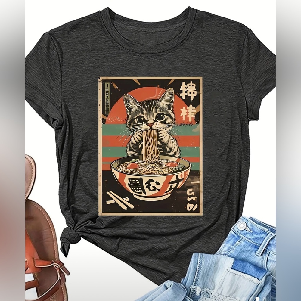cat eating noodles tshirt